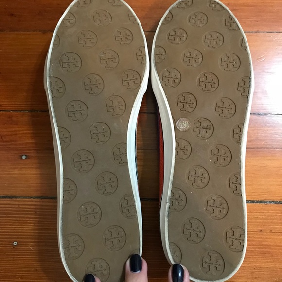 Tory Burch Logo Red Striped Sneaker Slip On Shoes - Picture 7 of 8